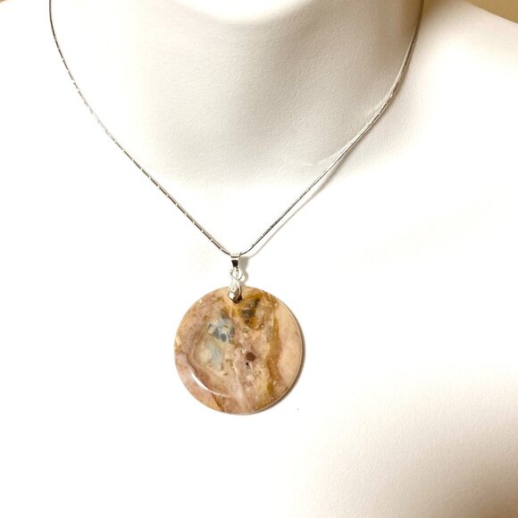 Natural Peachy Agate Pendant, Large Genuine Gemstone Round Coin Pendant - Picture 8 of 12